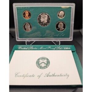 1994 U.S. Proof Set • Original Green Box & COA • 5‑Coin Clad Set